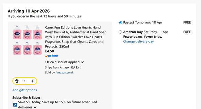 Screenshot showing Carex Fun Editions Love Hearts Hand Wash Pack of 6 x 250ml for £4.50 at Amazon