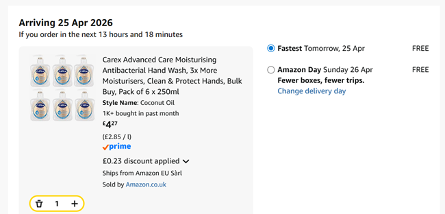 Screenshot showing Carex Advanced Care Moisturising Antibacterial Hand Wash, Pack of 6 x 250ml for £4.27 at Amazon