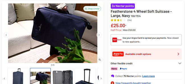 Screenshot showing Featherstone 4 Wheel Soft Suitcase Large Navy for £25 at Argos