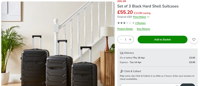 Screenshot showing Set of 3 Black Hard Shell Suitcases for £55.20 at Dunelm