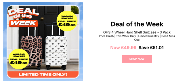 Screenshot showing 4 Wheel Hard Shell Suitcase 3 Pack, Leopard Print or Bow Print, for £49.99 at Online Home Shop