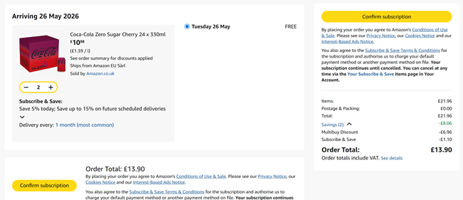 Screenshot showing Coca-Cola Zero Sugar Cherry 24 x 330ml 2 for £13.90 at Amazon