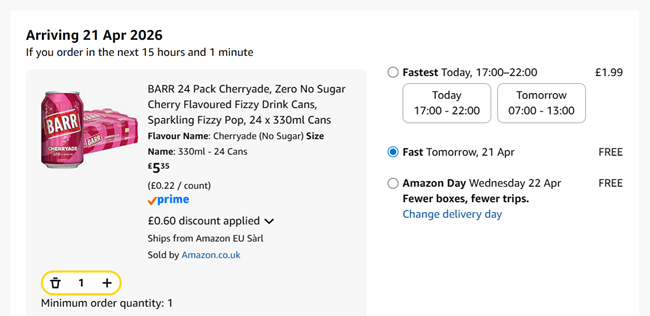 Screenshot showing BARR Cherryade No Sugar 24 x 330ml Cans for £5.35 at Amazon
