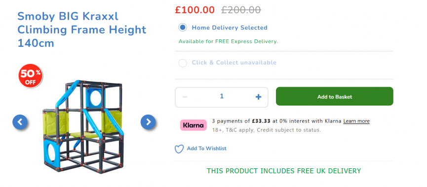 Screenshot showing Smoby BIG Kraxxl Climbing Frame for £100 at The Entertainer