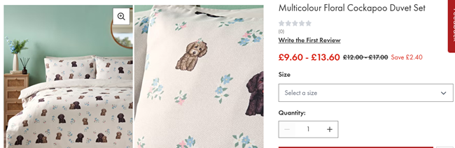 Screenshot showing Multicolour Floral Cockapoo Duvet Set from £9.60 at Matalan