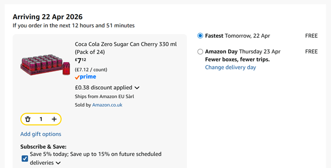 Screenshot showing Coca Cola Zero Sugar Can Cherry 330 ml (Pack of 24) for £7.12 at Amazon