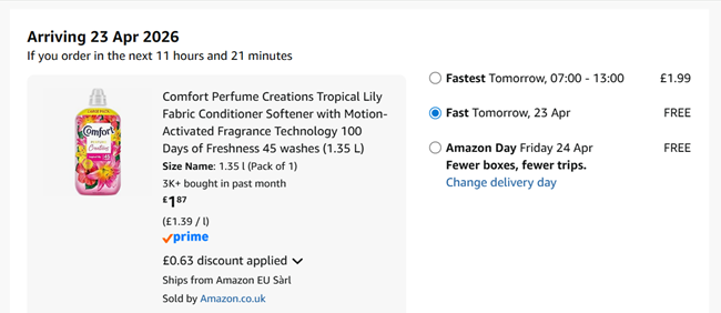 Screenshot showing Comfort Perfume Creations Tropical Lily Fabric Conditioner 45 Washes for £1.87 at Amazon