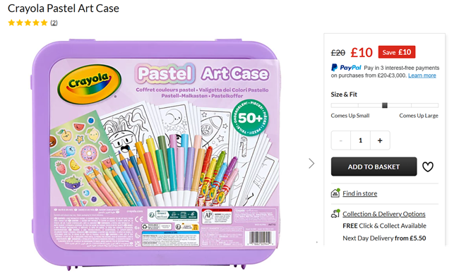 Screenshot showing Crayola Pastel Art Case for £10 at George at Asda