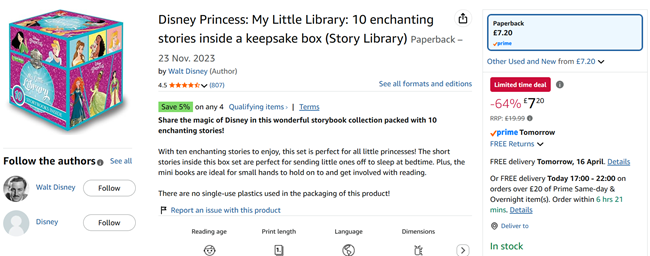Screenshot showing Disney Princess: My Little Library 10 Storybooks for £7.60 at Amazon