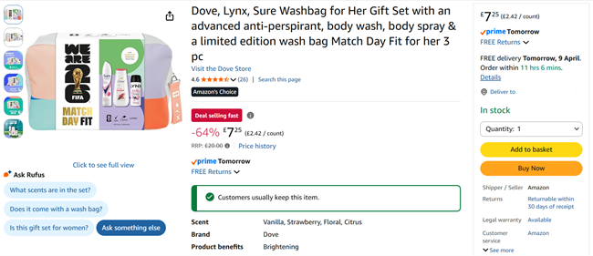Screenshot showing Dove, Lynx, Sure Washbag for Her Gift Set for £7.25 at Amazon