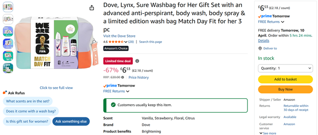 Screenshot showing Dove, Lynx, Sure Washbag for Her Gift Set for £6.53 at Amazon