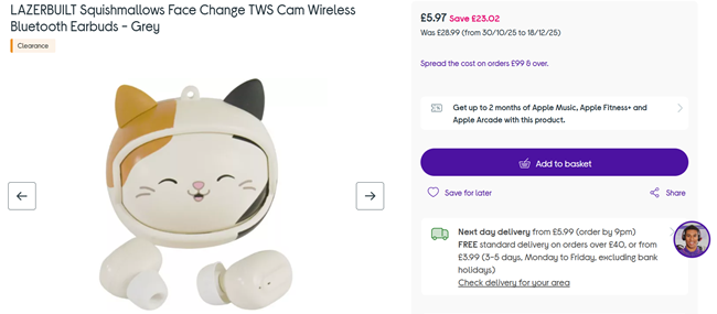 Screenshot showing Lazerbuilt Squishmallows Face Change TWS Cam Wireless Bluetooth Earbuds for £5.97 at Currys