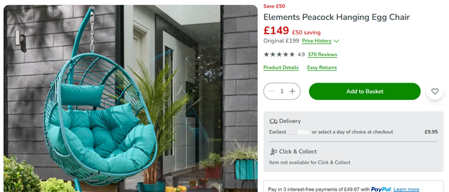 Screenshot showing Elements Peacock Hanging Egg Chair for £149 at Dunelm