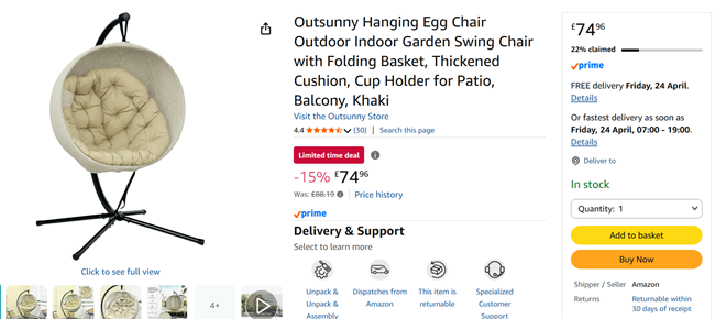 Screenshot showing Outsunny Hanging Egg Chair for £74.96 at Amazon