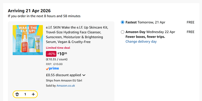 Screenshot showing e.l.f. SKIN Wake the e.l.f. Up Skincare Kit for £10.35 at Amazon