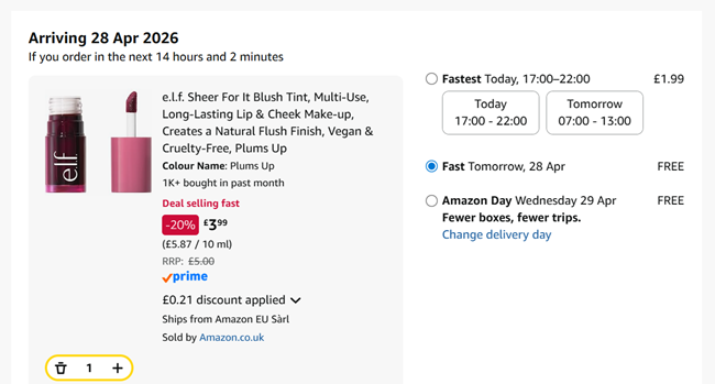 Screenshot showing e.l.f. Sheer For It Blush Tint Plums Up for £3.99 at Amazon