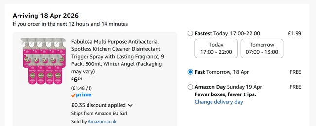 Screenshot showing 9 Pack Fabulosa Multi Purpose Antibacterial Kitchen Cleaner Winter Angel for £6.64 at Amazon