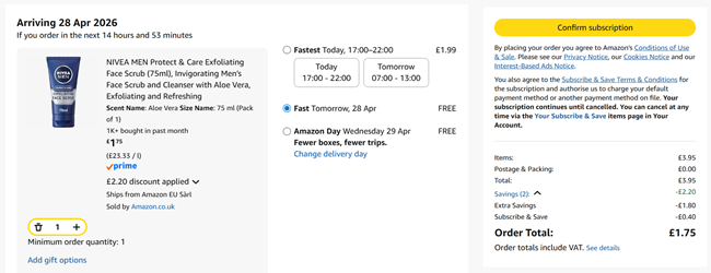Screenshot showing NIVEA MEN Protect & Care Exfoliating Face Scrub (75ml) for £1.75 at Amazon