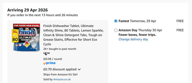 Screenshot showing Finish Dishwasher Tablet, Ultimate Infinity Shine, 80 Tablets, Lemon Sparkle £6.30 at Amazon