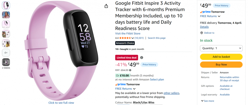 Screenshot showing Google Fitbit Inspire 3 Activity Tracker with 6-months Premium Membership for £49.99 at Amazon