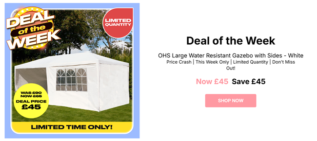 Screenshot showing Large Water Resistant Gazebo with Sides for £45 at Online Home Shop