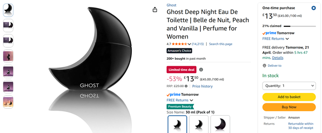 Screenshot showing Ghost Deep Night Eau De Toilette 30ml for £13.50 at Amazon