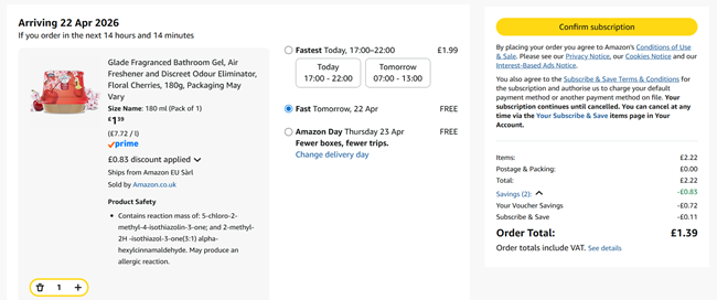 Screenshot showing Glade Fragranced Bathroom Gel Floral Cherries for £1.39 at Amazon
