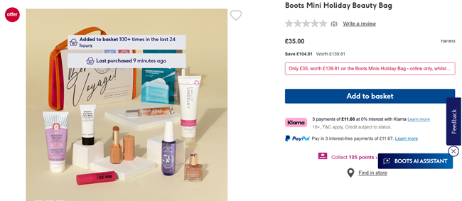 Screenshot showing Boots Mini Holiday Beauty Bag for £35 with free delivery at Boots