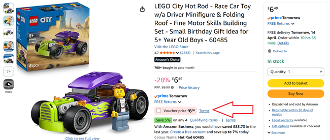Screenshot showing LEGO City Hot Rod Race Car 60485 for £6 at Amazon