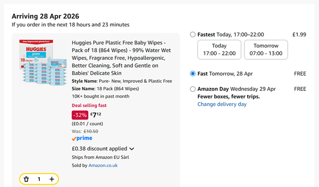 Screenshot showing Huggies Pure Plastic Free Baby Wipes, Pack of 18 (864 Wipes) for £7.12 at Amazon