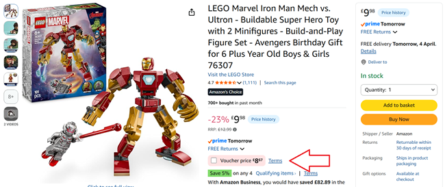 Screenshot showing LEGO Marvel Iron Man Mech vs. Ultron for £8.67 at Amazon