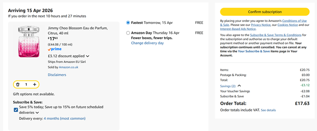 Screenshot showing Jimmy Choo Blossom Eau de Parfum 40ml for £17.63 at Amazon