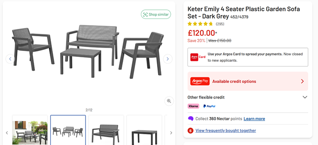 Screenshot showing Keter Emily 4 Seater Plastic Garden Sofa Set for £120 at Argos