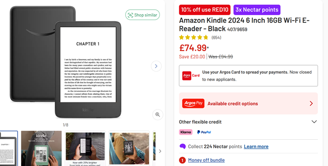 Screenshot showing Amazon Kindle 2024 6 Inch 16GB Wi-Fi E-Reader Black at Argos