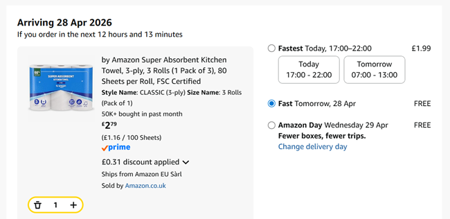 Screenshot showing by Amazon Super Absorbent Kitchen Towel, 3-ply, 3 Rolls for £2.79 at Amazon