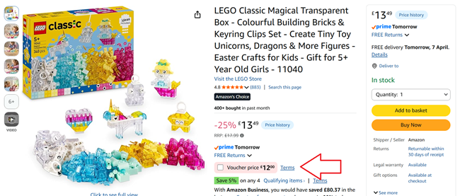 Screenshot showing LEGO Classic Magical Transparent Box 11040 at Amazon