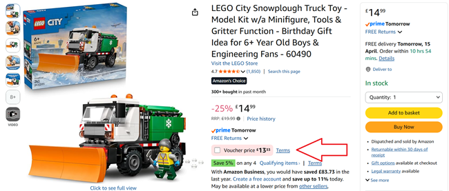 Screenshot showing LEGO City Snowplough Truck 60490 for £13.33 at Amazon