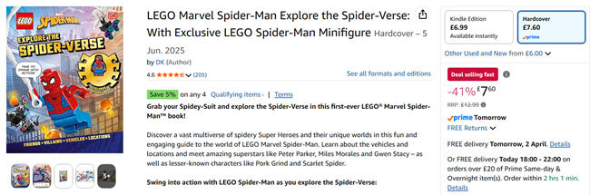 Screenshot showing LEGO Marvel Spider-Man Explore the Spider-Verse Book: With Exclusive LEGO Spider-Man Minifigure for £7.60 at Amazon
