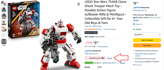 Screenshot showing LEGO Star Wars 75448 Clone Shock Trooper Mech for £8.67 at Amazon