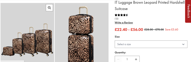 Screenshot showing IT Luggage Brown Leopard Printed Hardshell Suitcase from £22.40 at Matalan