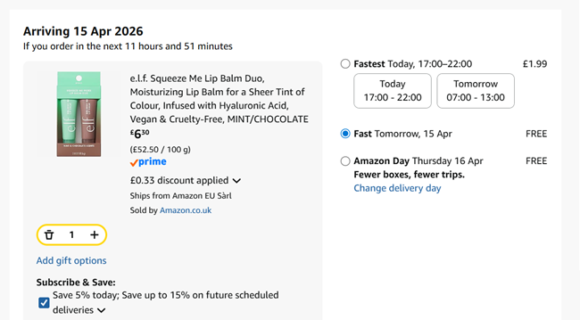 Screenshot showing e.l.f. Squeeze Me Lip Balm Duo Mint / Chocolate for £6.30 at Amazon