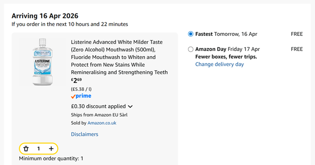 Screenshot showing Listerine Advanced White Milder Taste Mouthwash (500ml) for £2.69 at Amazon