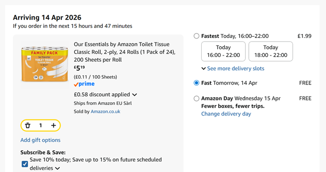 Screenshot showing Our Essentials by Amazon Toilet Tissue Classic Roll, 2-ply, 24 Rolls for £5.19 at Amazon