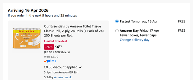 Screenshot showing Our Essentials by Amazon Toilet Tissue Classic Roll, 2-ply, 24 Rolls for £4.93 at Amazon