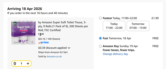 Screenshot showing by Amazon Super Soft Toilet Tissue, 3-ply, 9 Rolls for £3.48 at Amazon