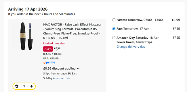 Screenshot showing Max Factor False Lash Effect Black Mascara for £5.98 at Amazon