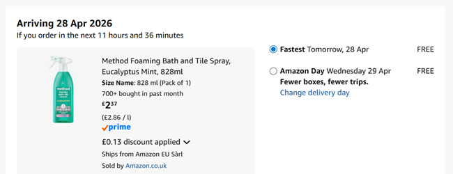 Screenshot showing Method Foaming Bath and Tile Spray, Eucalyptus Mint, 828ml for £2.37 at Amazon