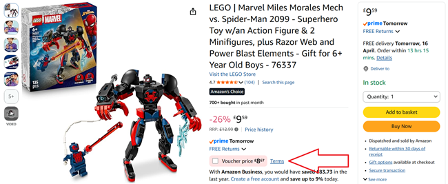 Screenshot showing LEGO Marvel Miles Morales Mech vs. Spider-Man 2099 at Amazon