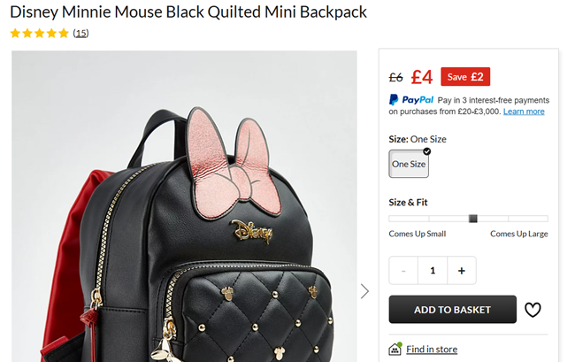 Screenshot showing Disney Minnie Mouse Black Quilted Mini Backpack for £4 at George at Asda