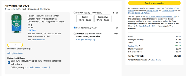 Screenshot showing Revlon Mitchum Men Triple Odor Defense 48HR Protection Stick Deodorant & Anti-Perspirant, Ice Fresh, 3 for £5.08 at Amazon